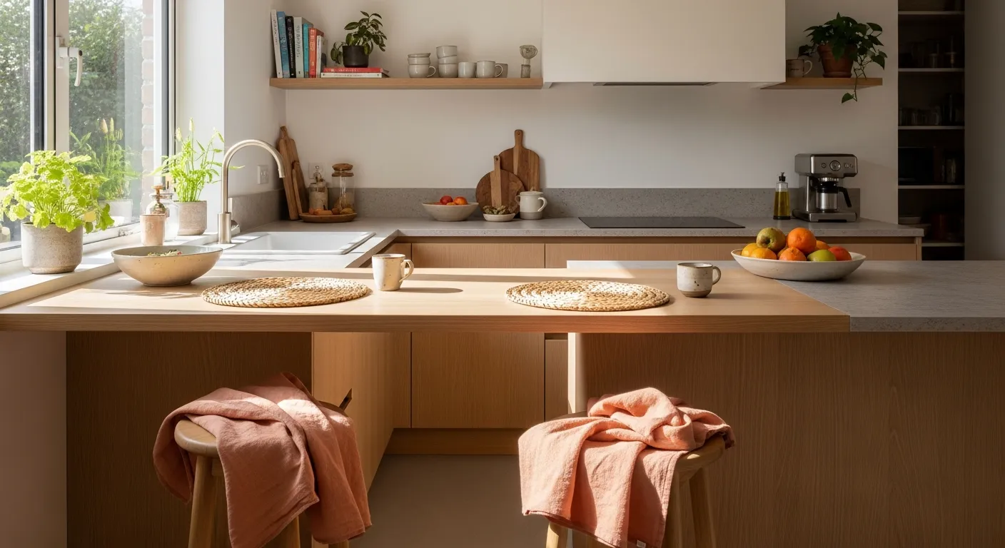 Minimalist cooking space with soft peach cabinets and natural oak wood textures.