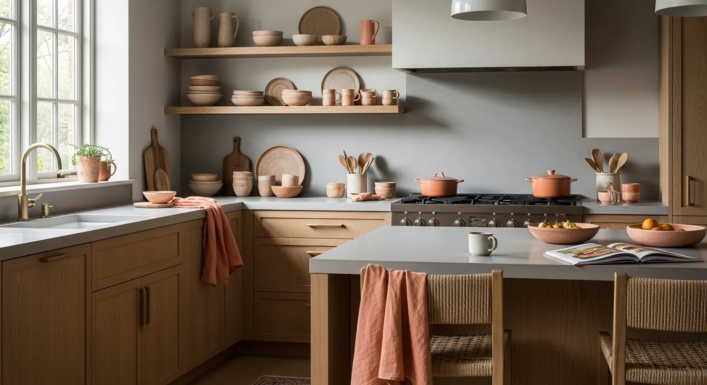 Natural stone countertops paired with soft peach finishes in a Japandi kitchen.