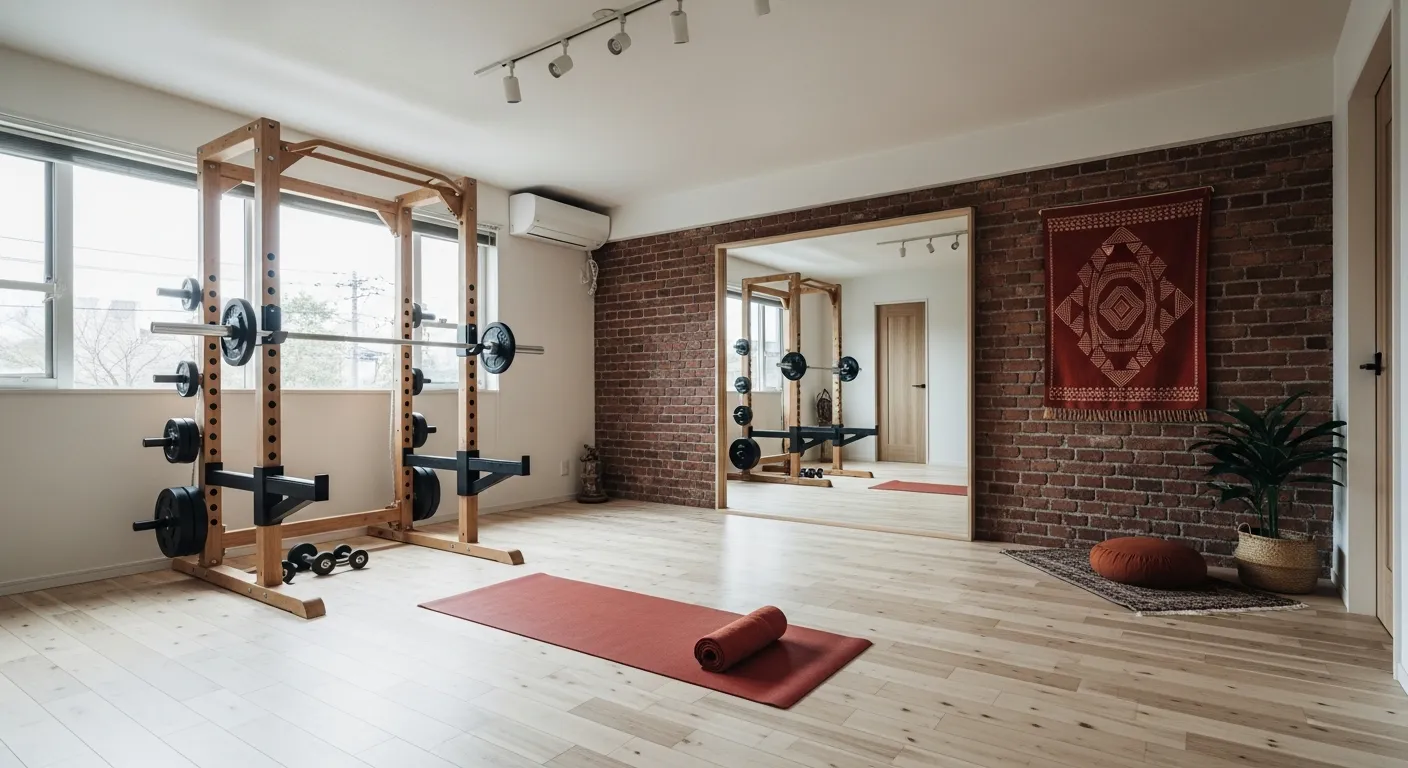 Mindful workout space using rich rust accents in a minimalist Japandi home gym layout