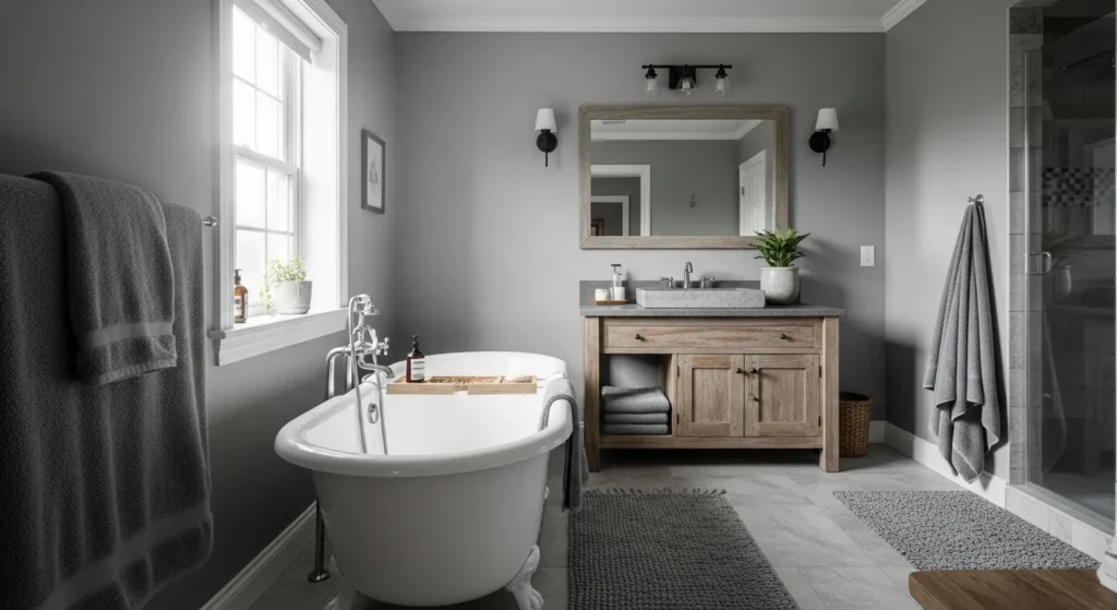 Cozy gray farmhouse bathroom featuring a rustic wood vanity and vintage metal fixtures.