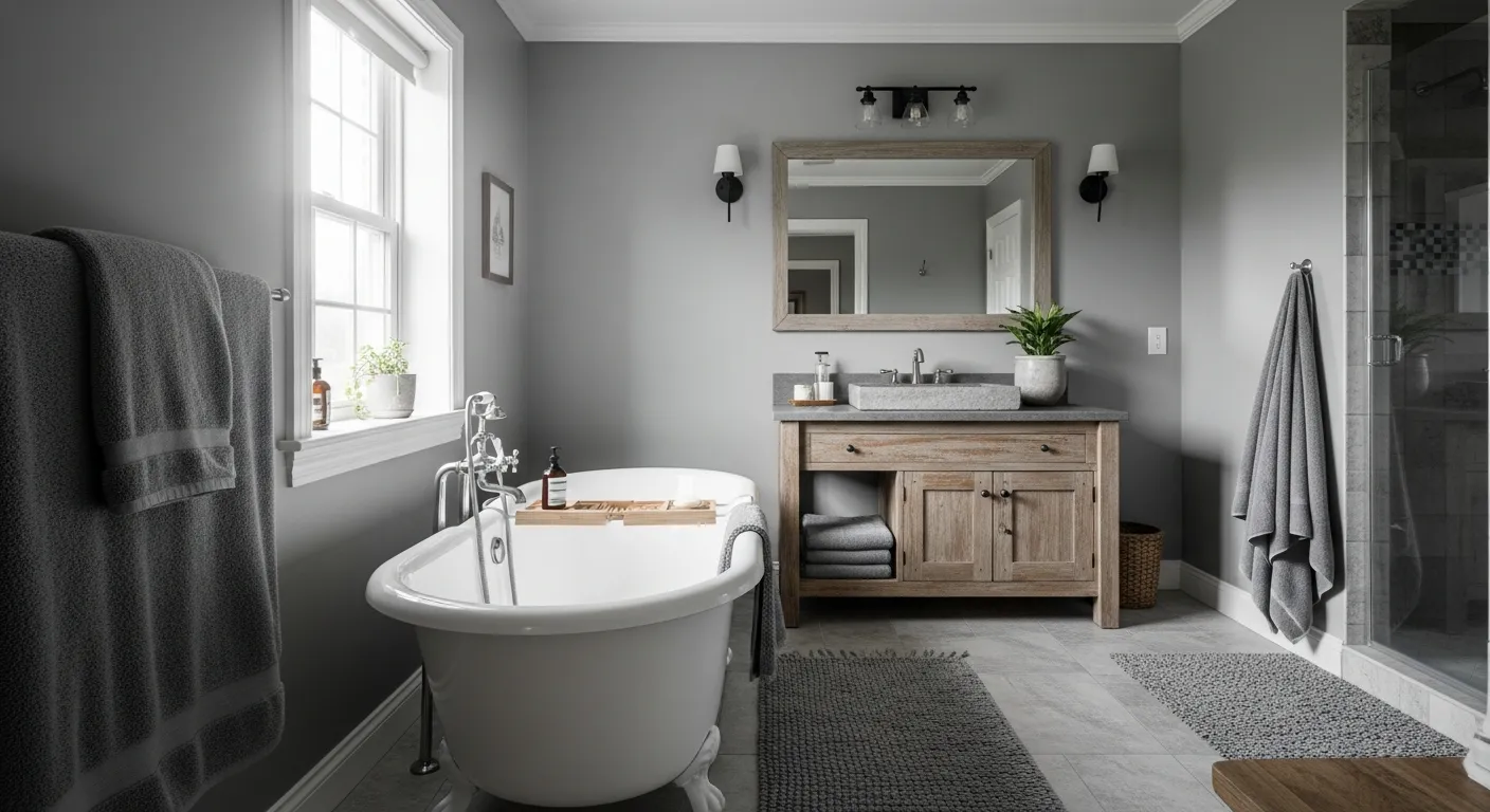 Cozy gray farmhouse bathroom interior with rustic wood vanity and vintage metal fixtures for a relaxing everyday aesthetic