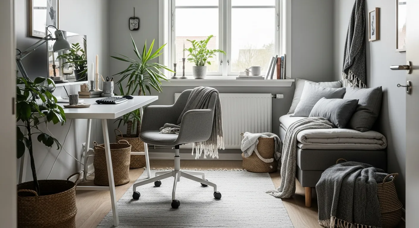Serene and productive workspace showing practical styling tips and budget Scandi home office designs.