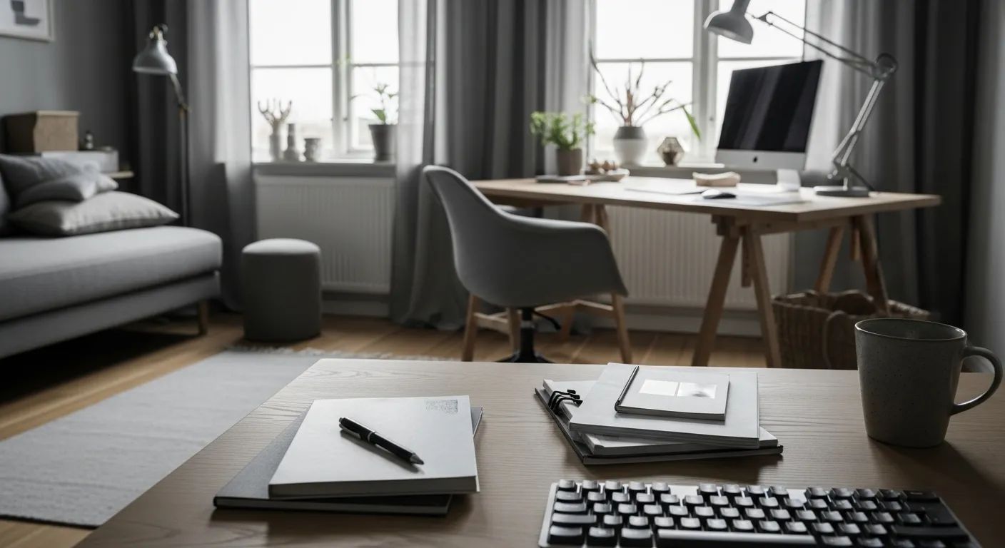 Ergonomic chair and simple wooden desk against a serene light gray home office wall.