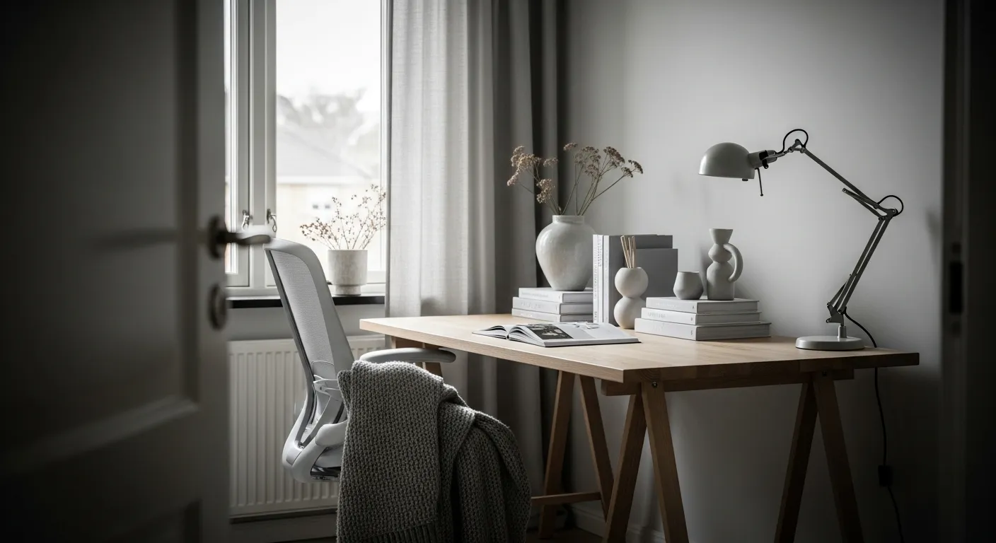 Soft light gray walls paired with natural wood textures in a peaceful Scandinavian workspace.