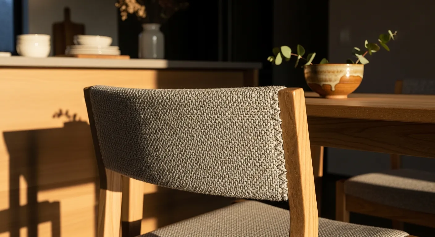 Essential flat-panel cabinetry and sleek silver appliances in a contemporary Japandi style kitchen interior.