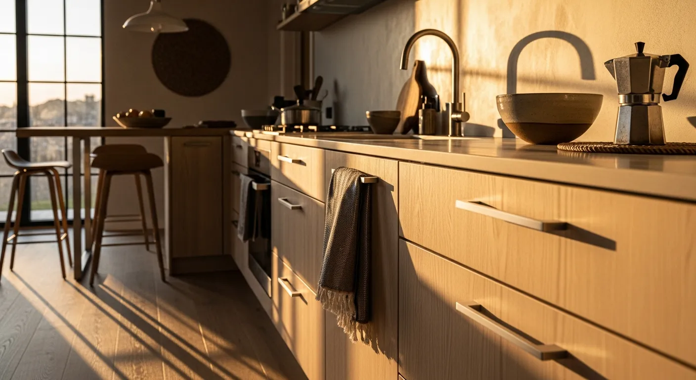 Cool silver elements perfectly balancing natural wood textures in a peaceful Japandi culinary retreat.