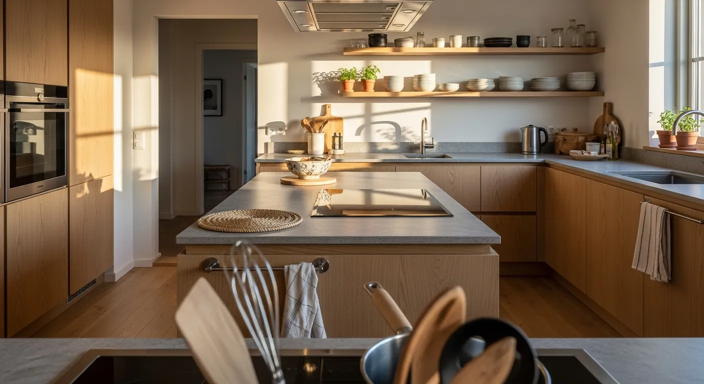 Budget friendly integration of silver hardware complementing warm oak cabinets in a serene Japandi design.