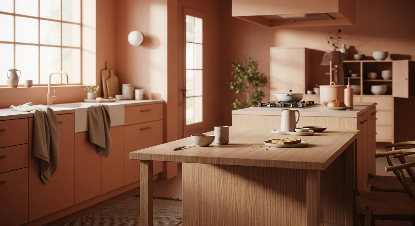Soft peach cabinets and light wood accents in a serene Japandi kitchen design.