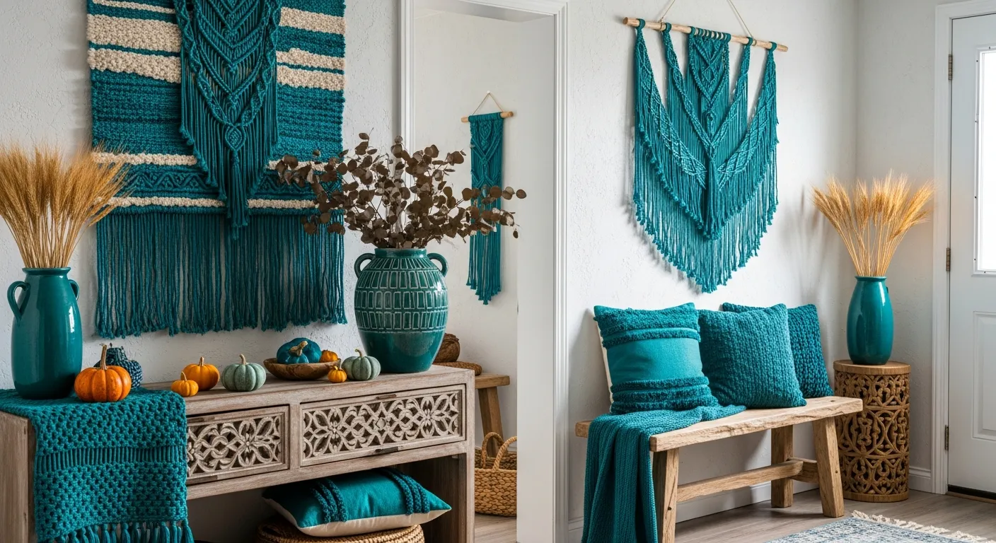 Rich teal accent wall with vintage rug in a Thanksgiving boho foyer