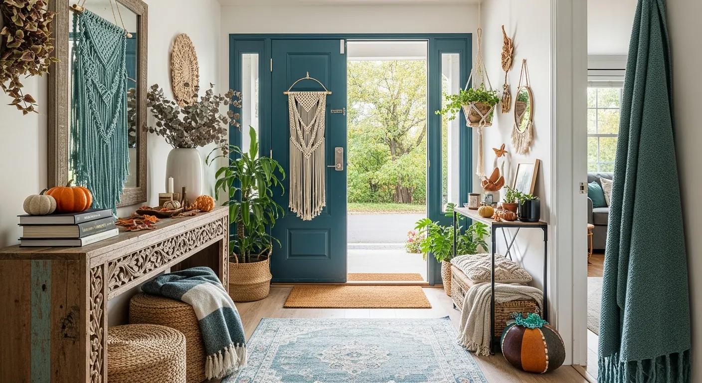 Bohemian entryway ideas highlighting rich teal walls, woven baskets, and wooden bench