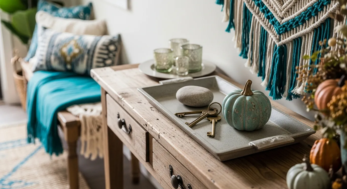 Teal bohemian entryway decorated with natural wood console and textured fall rugs