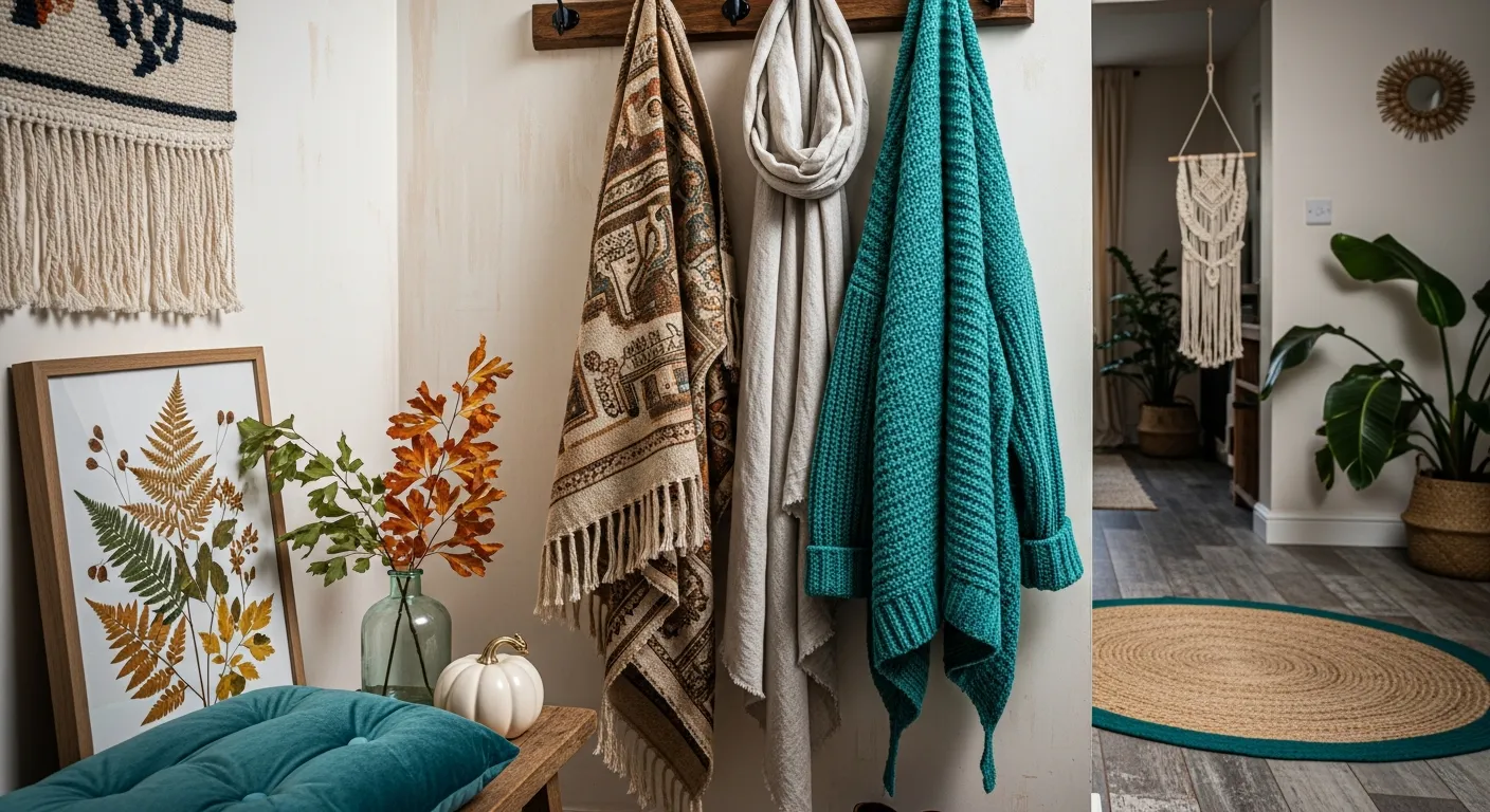 Welcoming bohemian entryway with vibrant teal accents and textured macrame decor