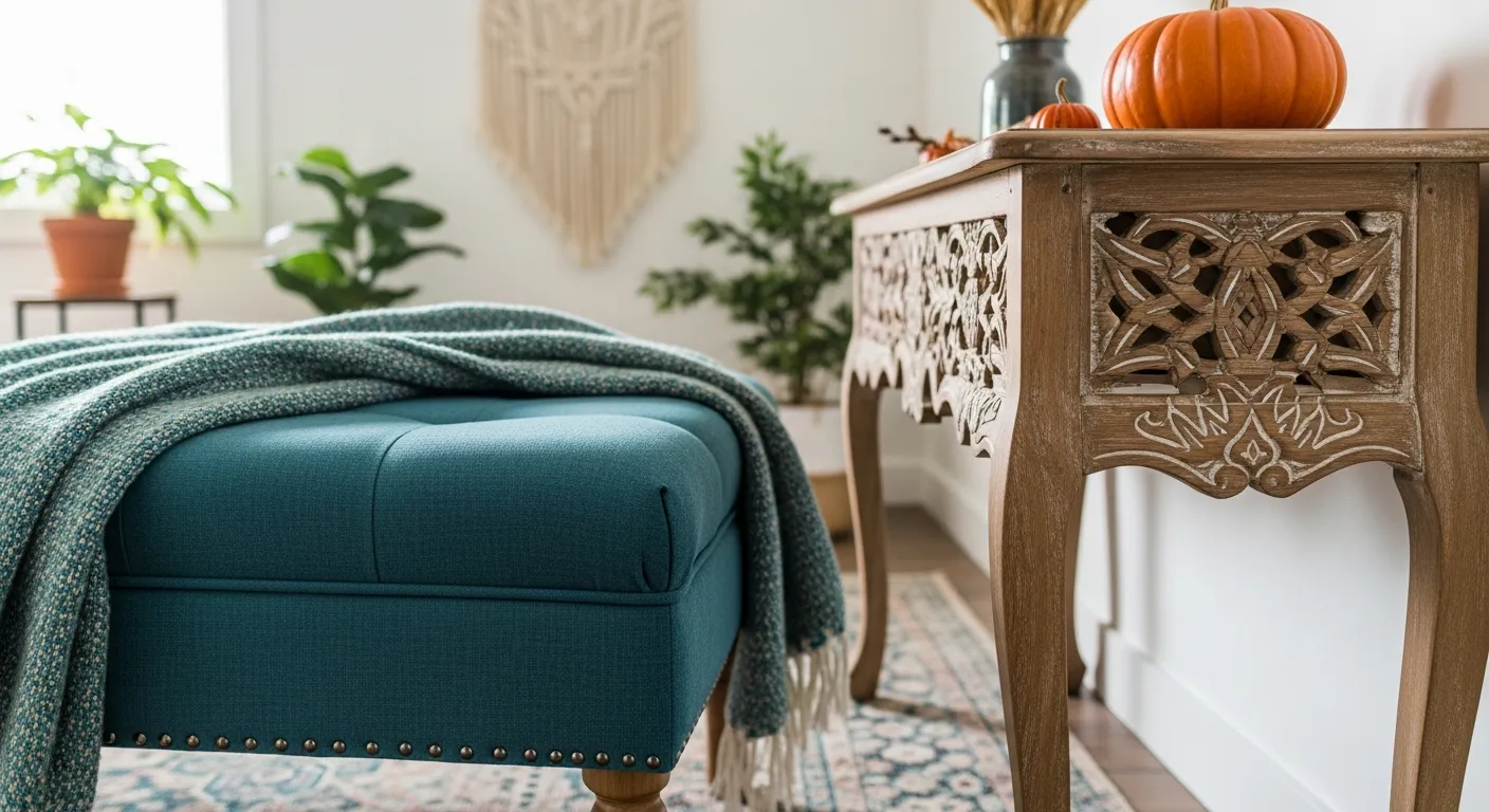 Bohemian entryway ideas with a bold teal wall and woven rattan console table