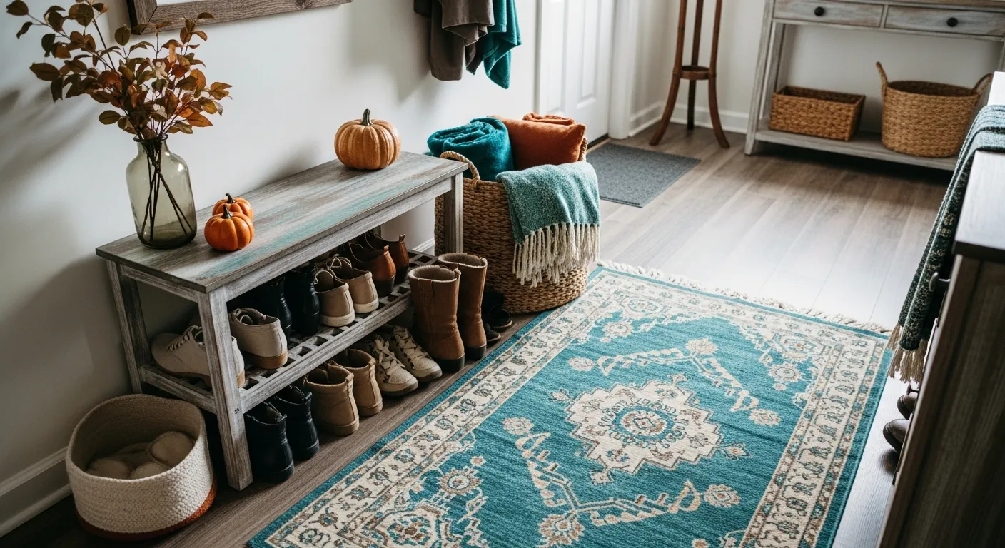 Vibrant teal bohemian entryway featuring a natural wood console table and vintage rug
