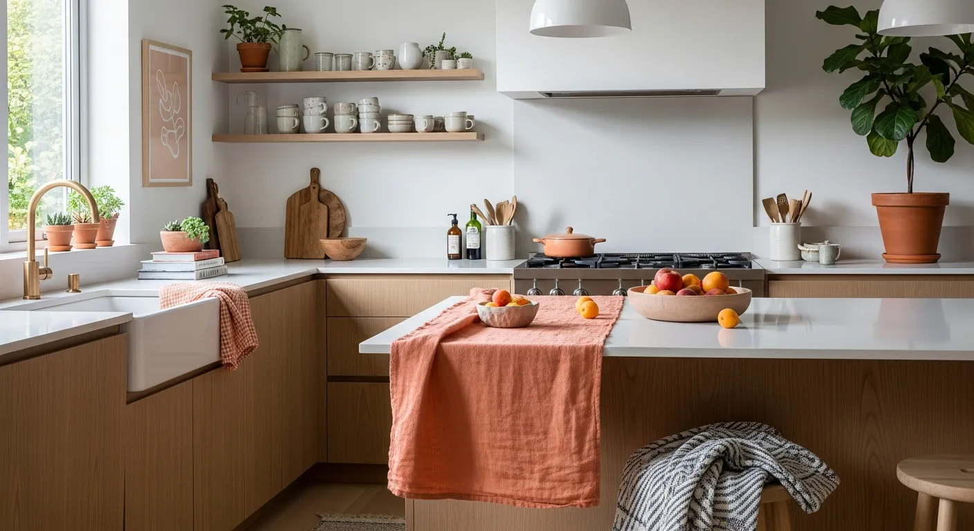 Styling a peach Japandi kitchen with warm oak wood details and organic textures.