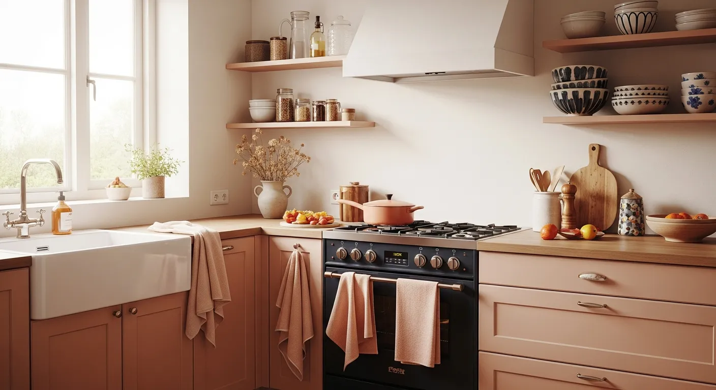 Natural lighting highlighting soft peach Japandi kitchen cabinets and clean lines.