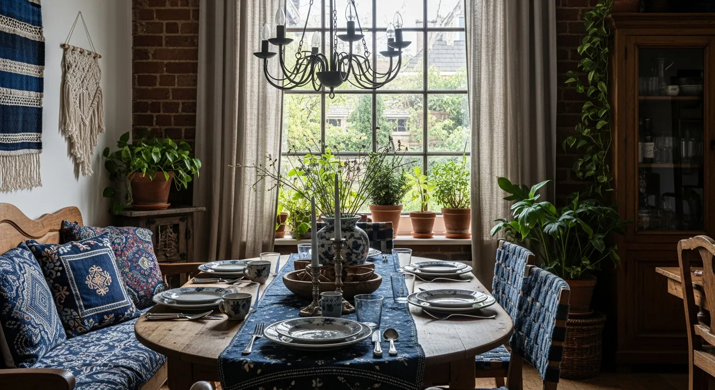 Eclectic woven textures and indigo blue accents in everyday bohemian dining room ideas