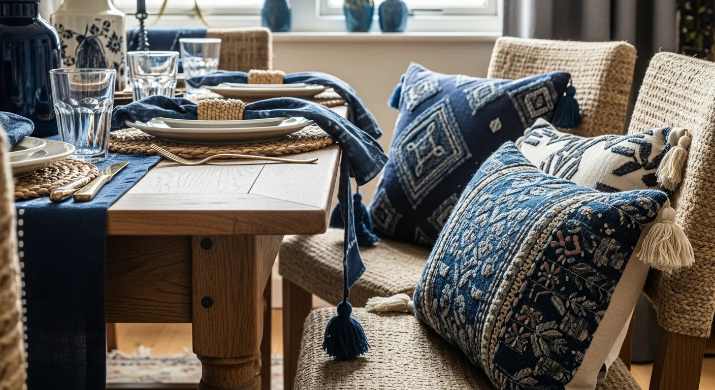 Bohemian dining room ideas showcasing natural woven chairs against indigo walls