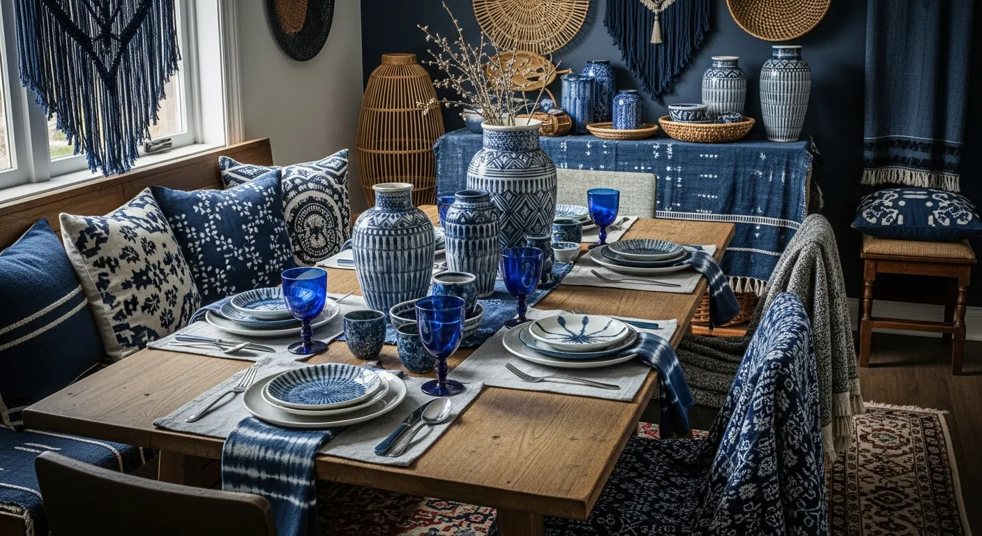 Eclectic indigo bohemian dining room ideas with rich blue walls and natural wood table