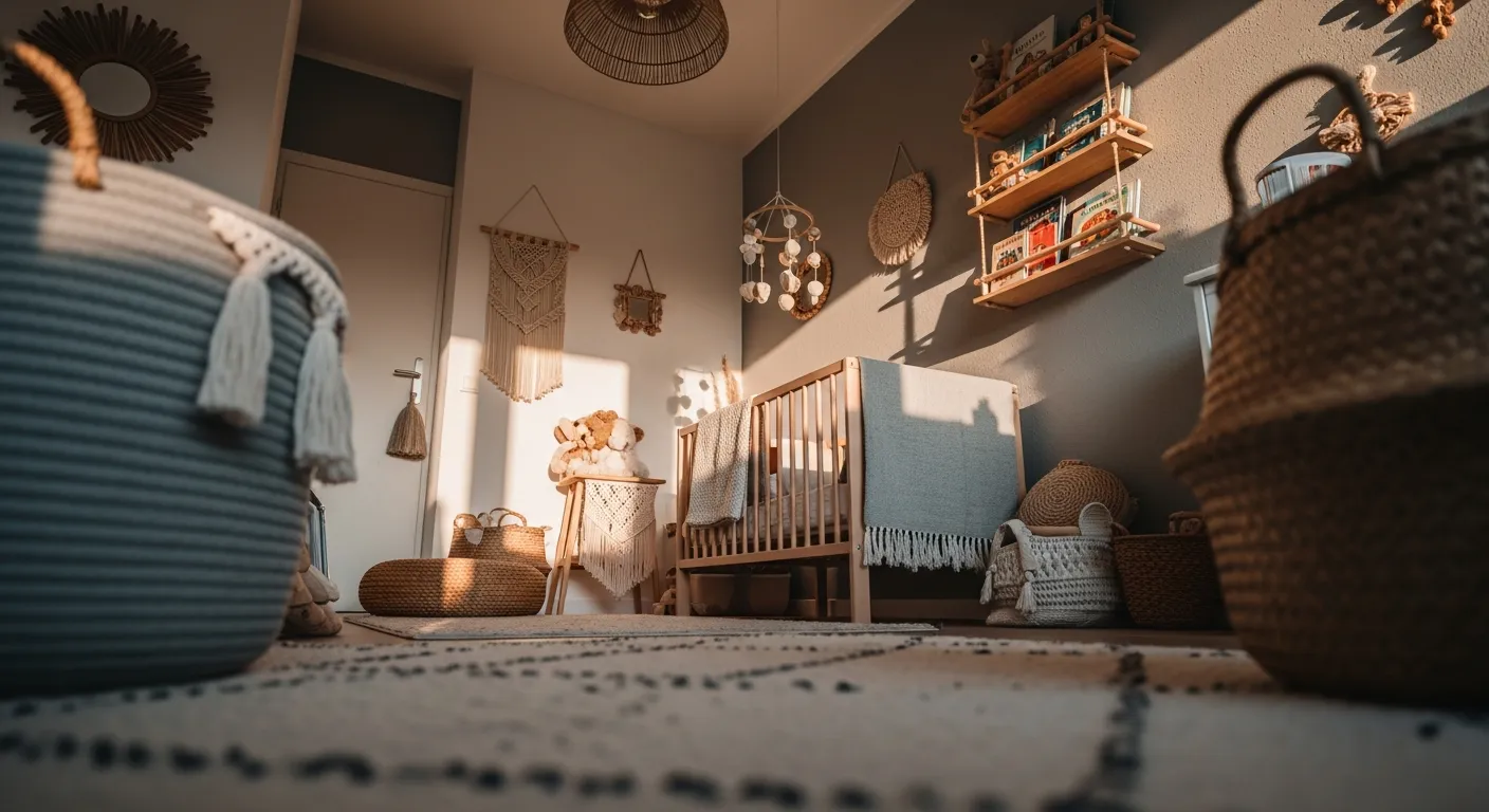 Step by step guide to creating a light gray bohemian kids room with natural wood accents