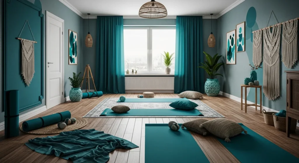 Bohemian style home gym featuring teal walls, woven workout accessories, and lush plants.