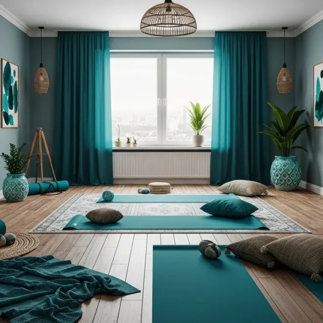 Bohemian style home gym featuring teal walls, woven workout accessories, and lush plants.