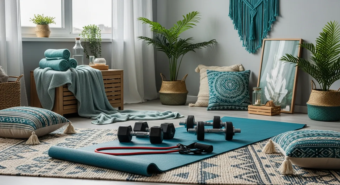 Budget-friendly boho style home gym featuring a rich teal paint color, woven storage baskets, and yoga accessories.