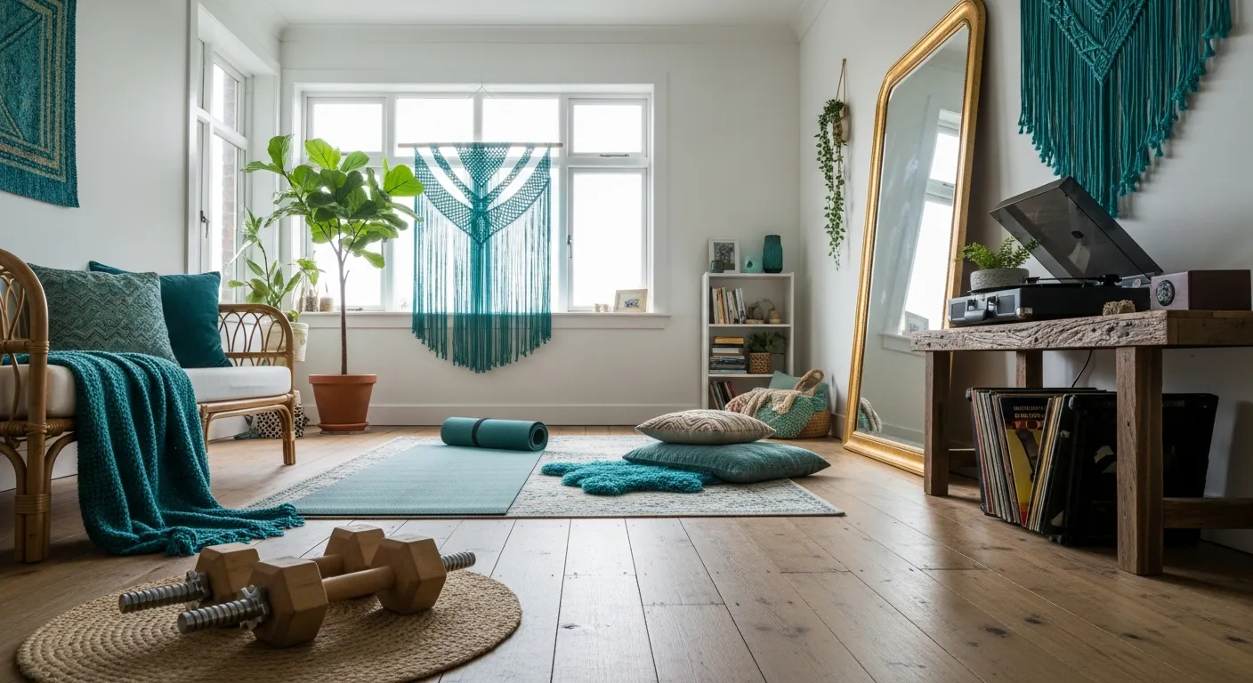 Dark teal home gym design with warm wooden fitness equipment and natural rattan textures for a grounding space.