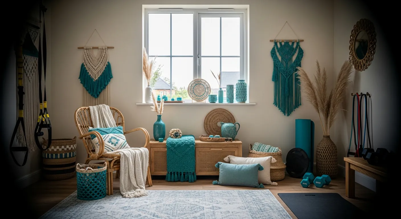 Teal and natural wood color palette in a boho home gym with rattan storage and warm earthy tones.