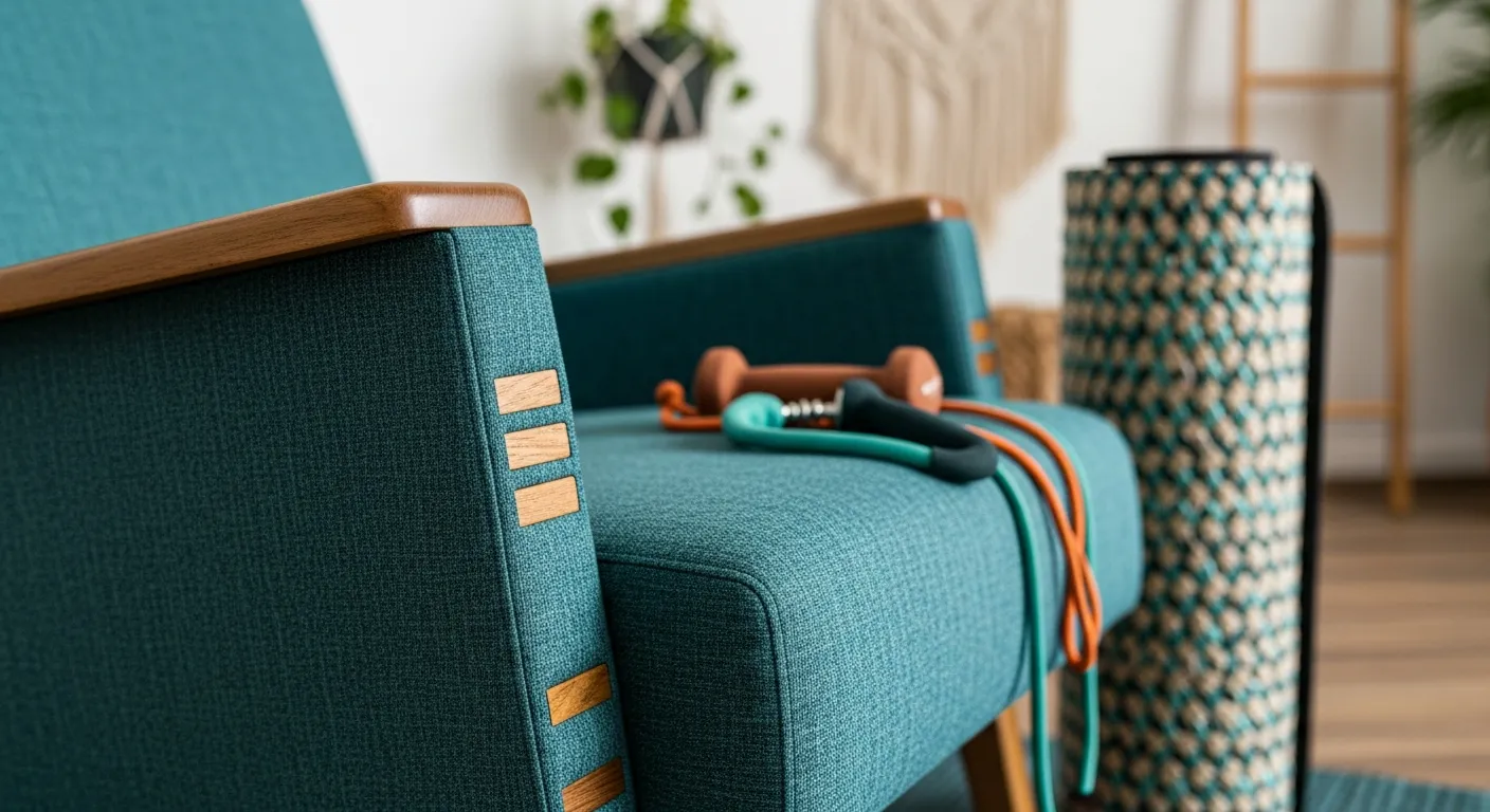 A functional bohemian workout space with teal accent walls, natural woven yoga mats, and hanging macrame planters.
