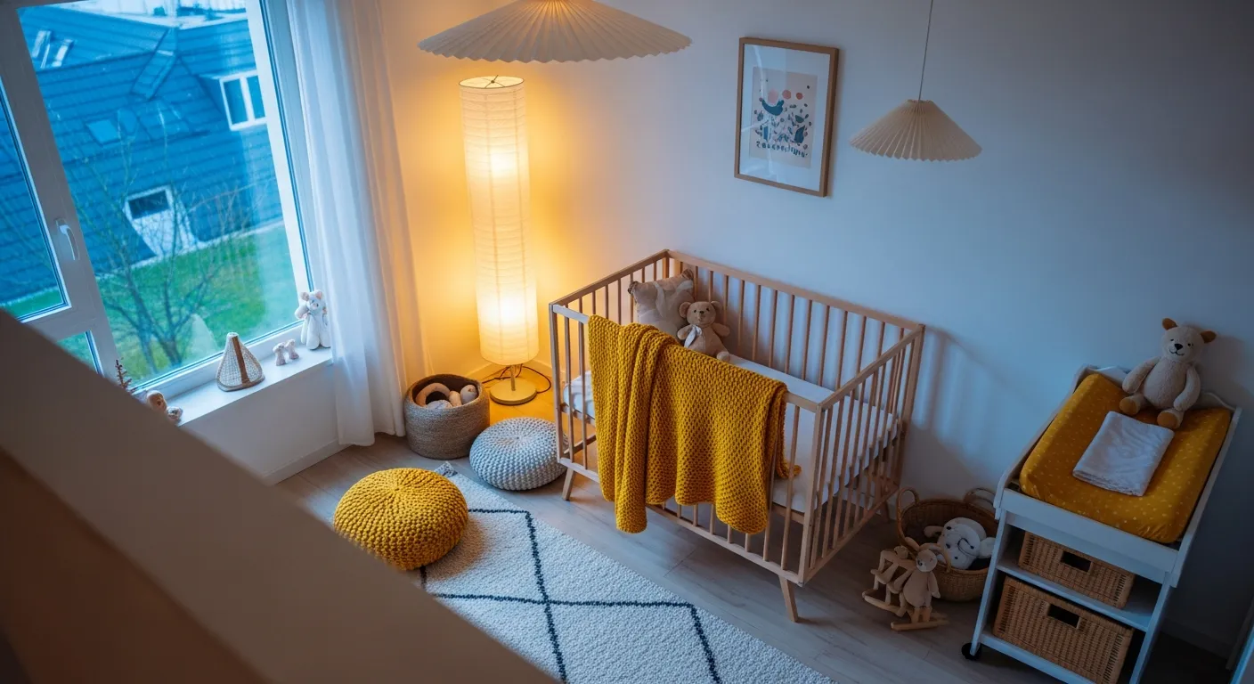 Serene Japandi style nursery layout featuring minimalist light wood furniture and cozy accents