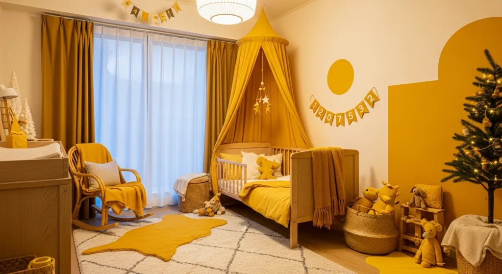 Minimalist Japandi style nursery featuring soft butter yellow accents and light wood furniture.