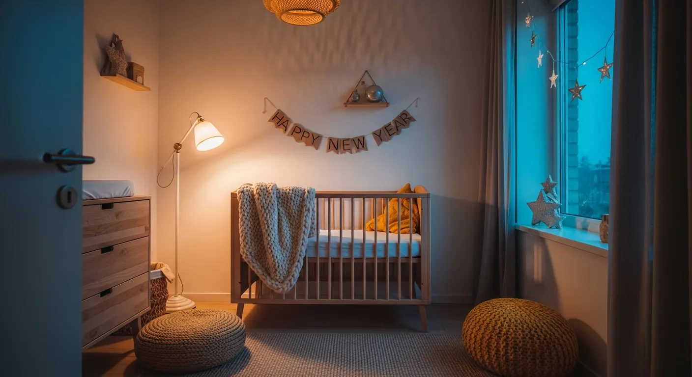Soft butter yellow Japandi style nursery interior with minimalist wood crib and natural textiles