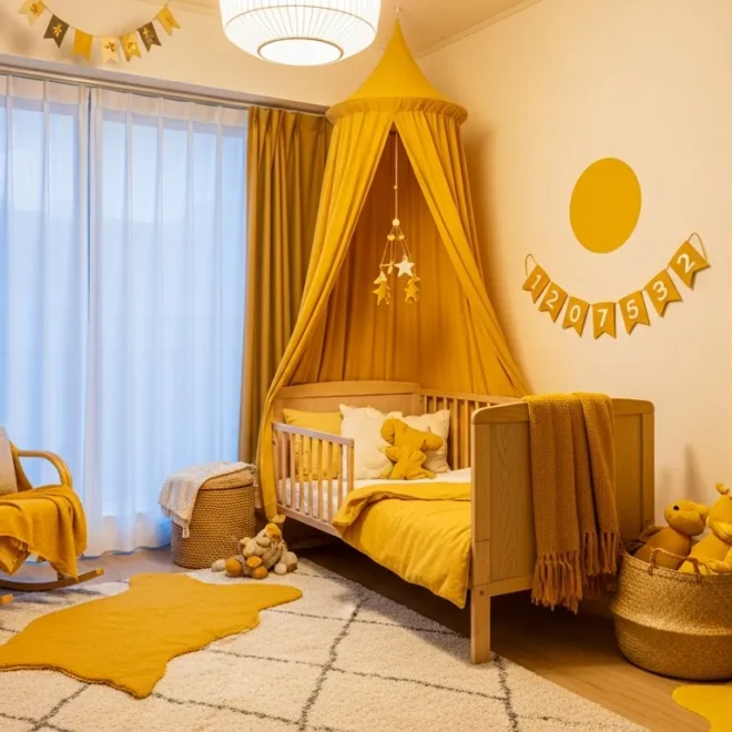 Minimalist Japandi style nursery featuring soft butter yellow accents and light wood furniture.