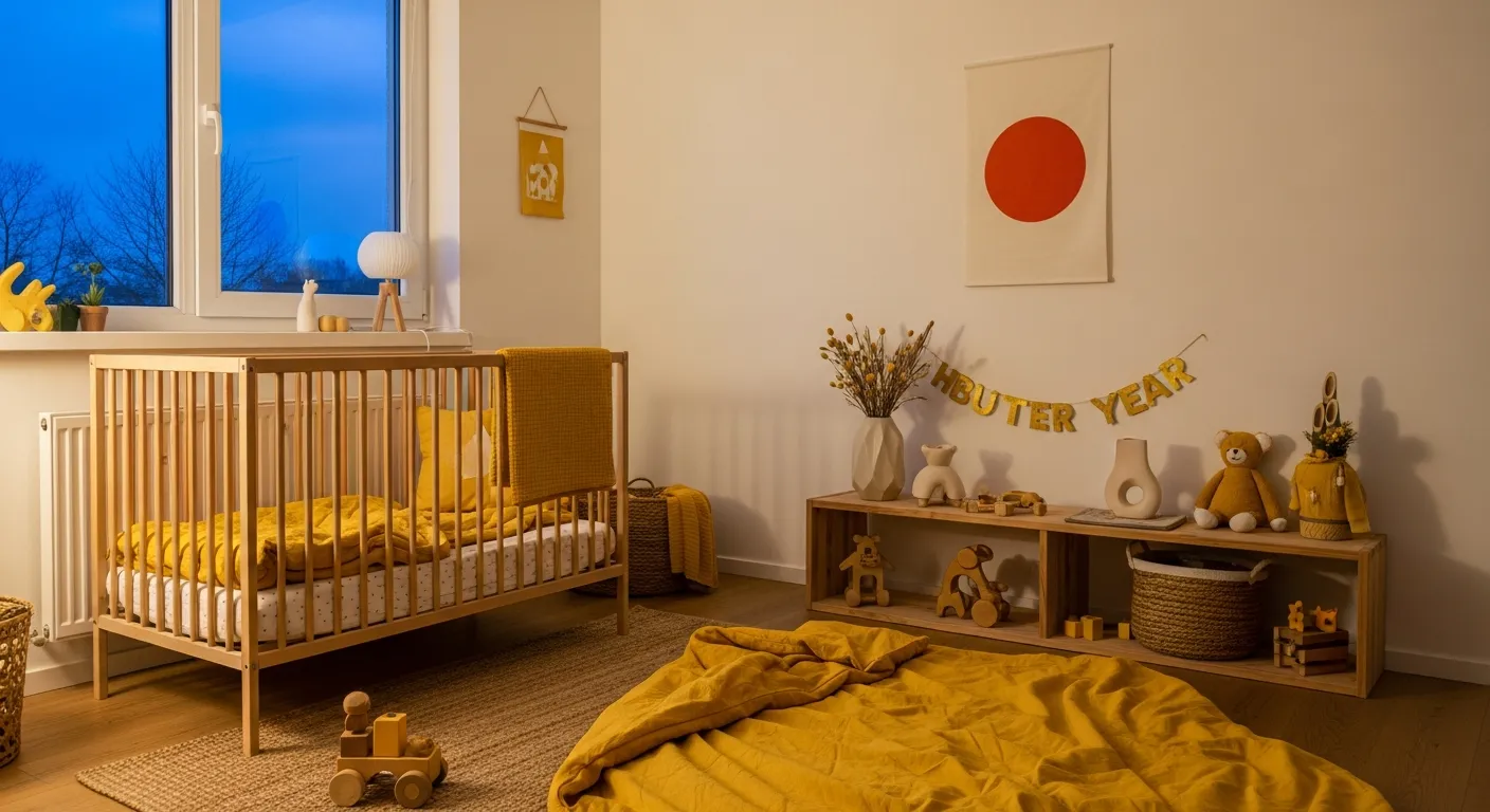 Color palette featuring butter yellow accents, light wood, and creamy whites in a Japandi nursery