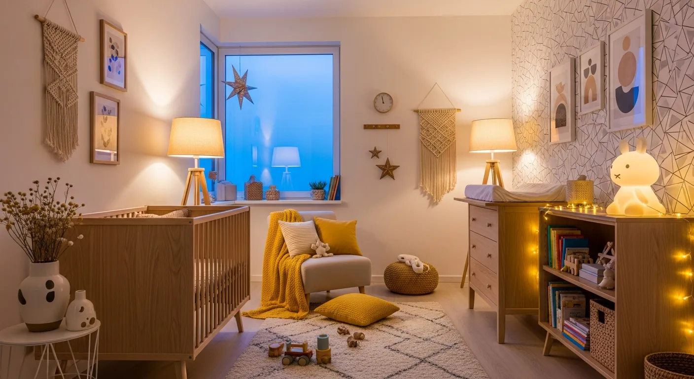 Minimalist Japandi nursery room showing butter yellow accents and light wood crib