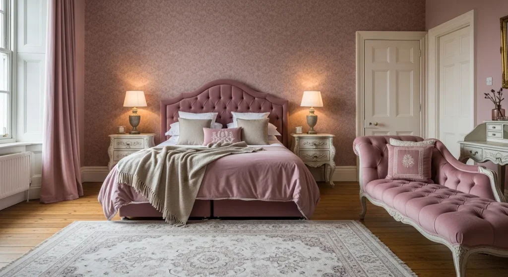 Elegant classic luxury bedroom featuring a dusty rose tufted bed and gold accents.