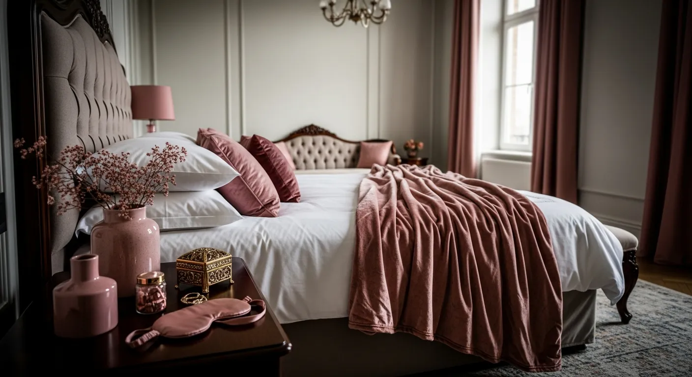 Color combinations for classic luxury bedroom ideas featuring dusty rose and gold