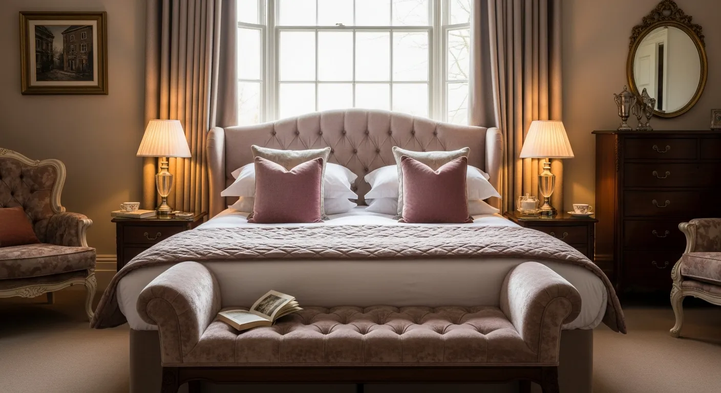 Ornate classic furnishings layered with dusty rose velvet fabrics