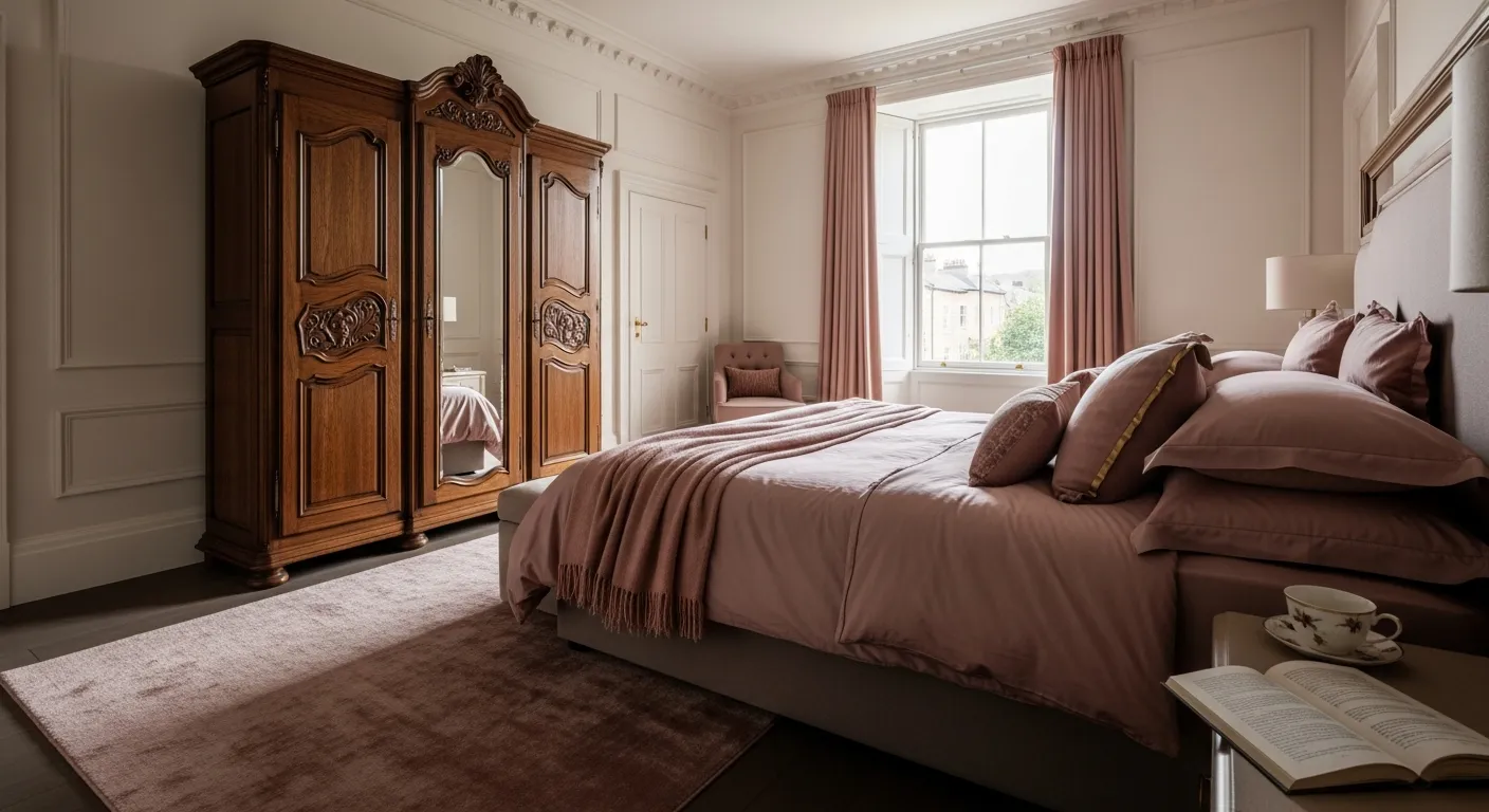 Vintage brass details and plush dusty rose bedding for luxury styling