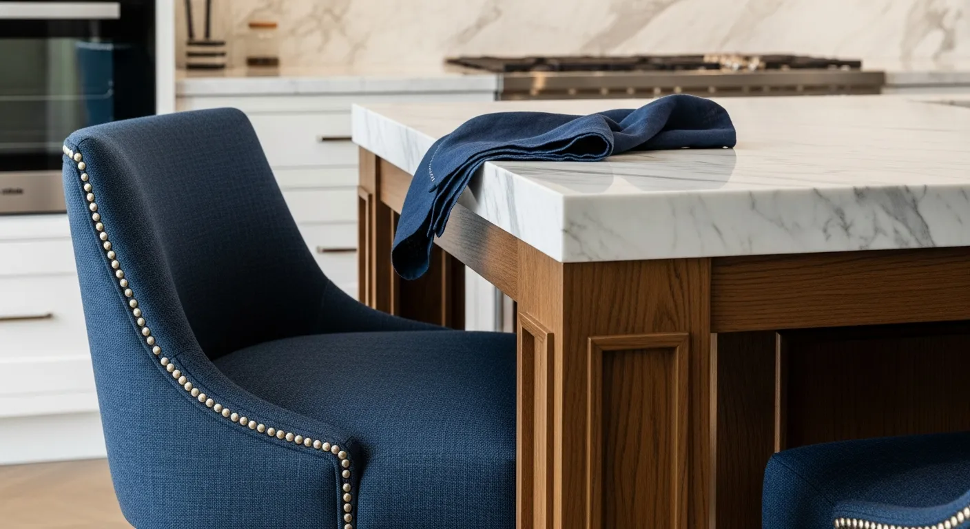 White marble countertops and navy cabinets representing timeless Classic Luxury Kitchen ideas