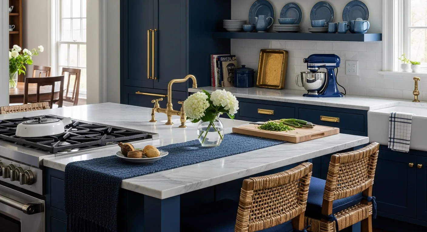 Rich navy blue cabinets paired with glowing brass hardware in a luxury kitchen setting
