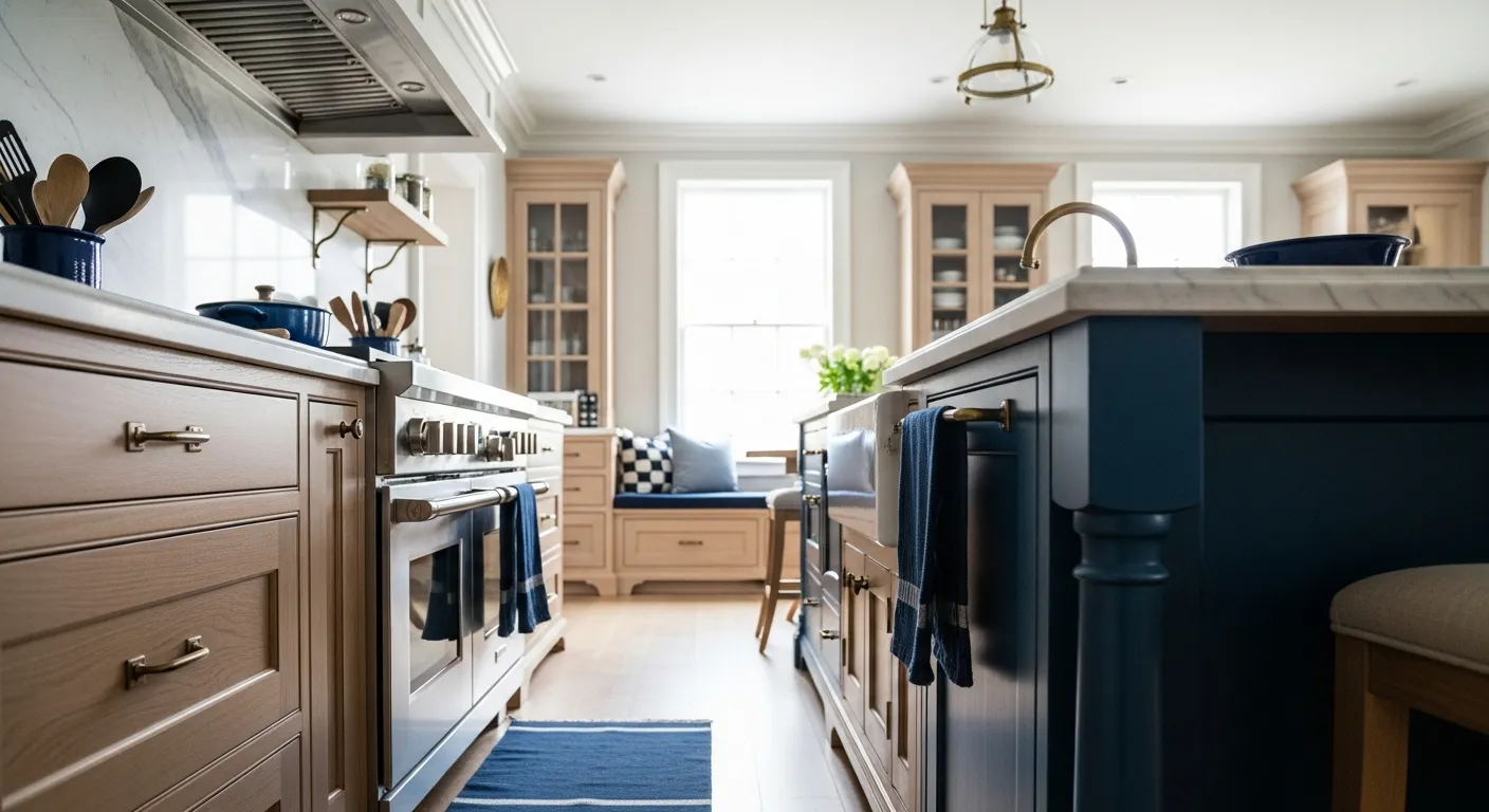 Stunning marble countertops and rich navy cabinetry for everyday kitchen elegance