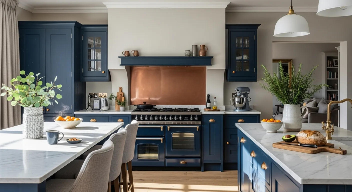 Gleaming brass details and rich navy blue kitchen cabinets in a classic luxury home