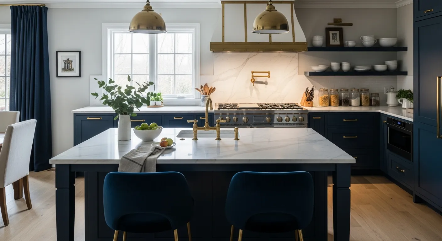Breathtakingly luxurious cooking space featuring classic marble finishes and navy blue