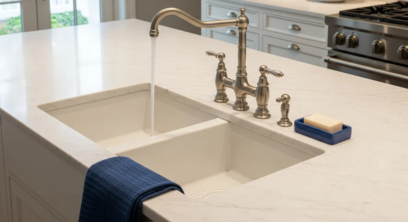 Deep navy cabinetry and rich marble countertops forming an elegant kitchen design