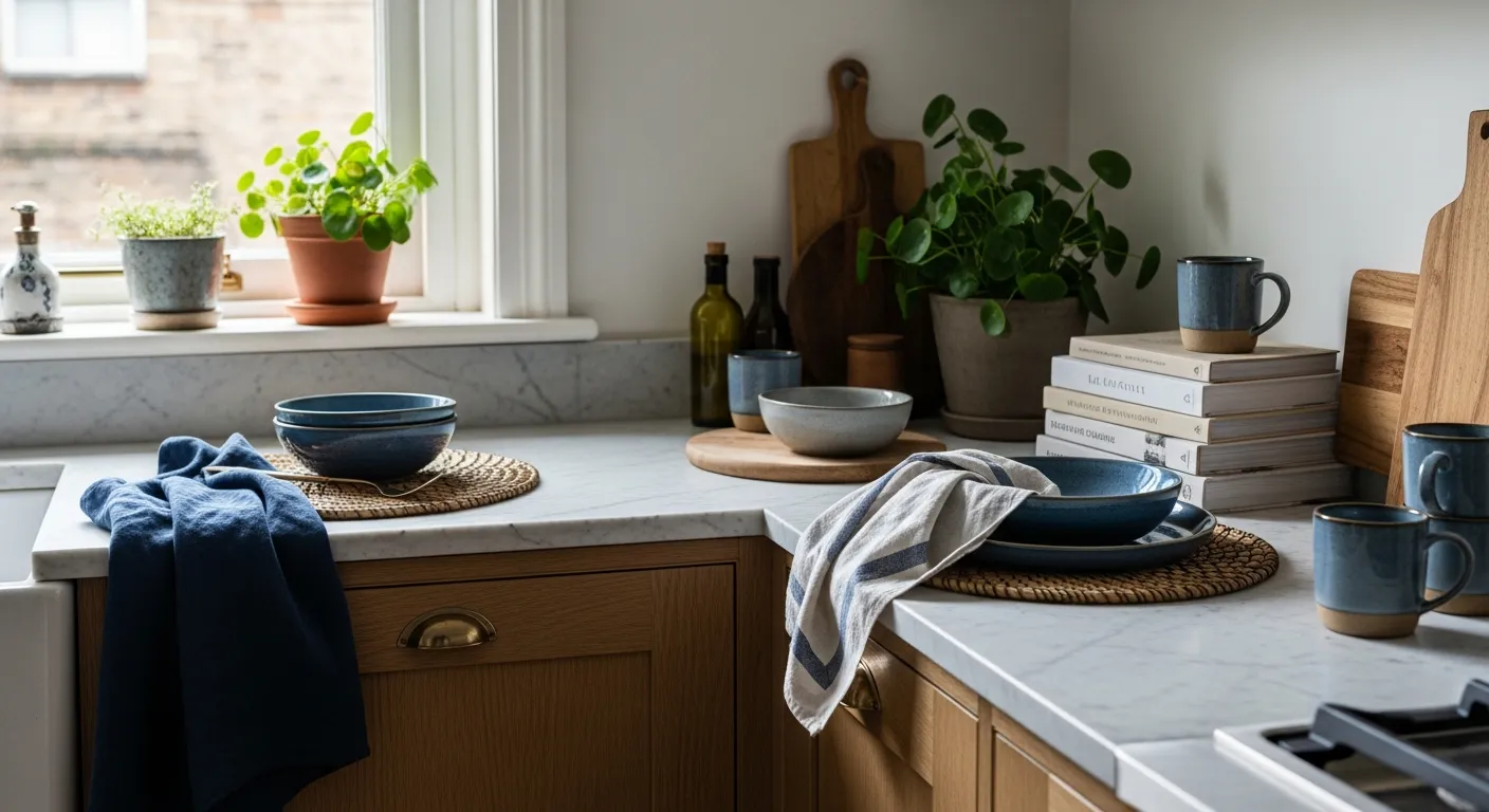 Luxurious navy cabinets and timeless marble creating an inviting classic kitchen space