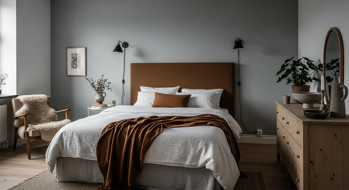 Minimalist Scandinavian sleeping space beautifully lit with natural light and bronze metallic details