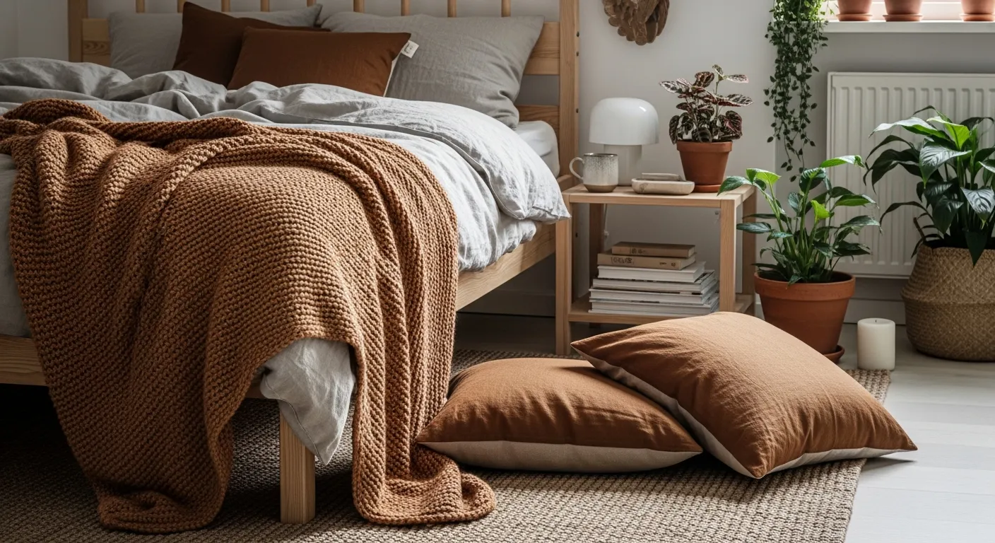 Budget-friendly styling tips for Scandi bedroom ideas using bronze pillows and throws