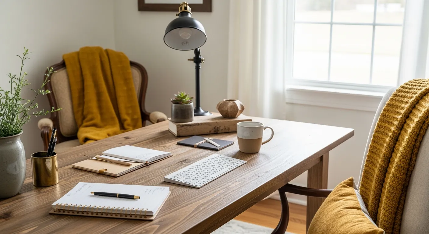 Final reveal of a welcoming farmhouse home office featuring mustard yellow accents and rustic wooden furniture